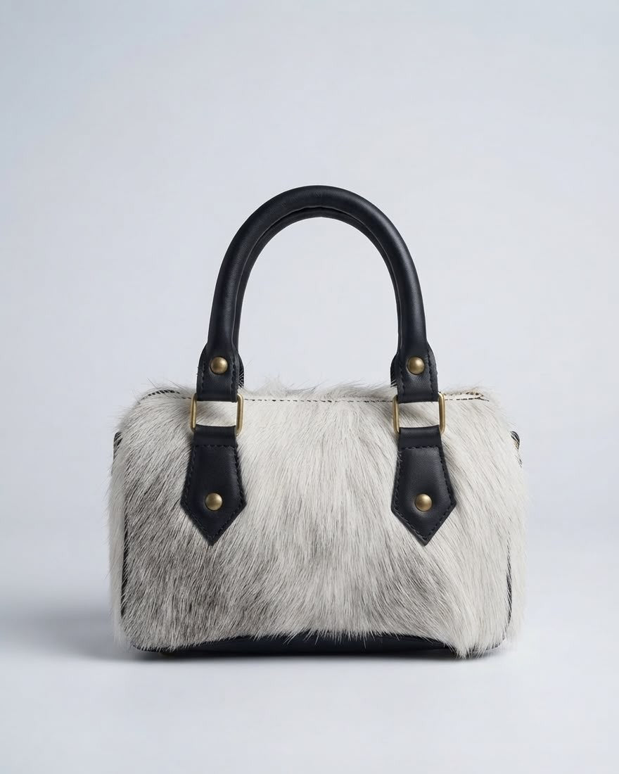 Handcrafted Cowhide & Leather Mini Boston Bag – Black & White