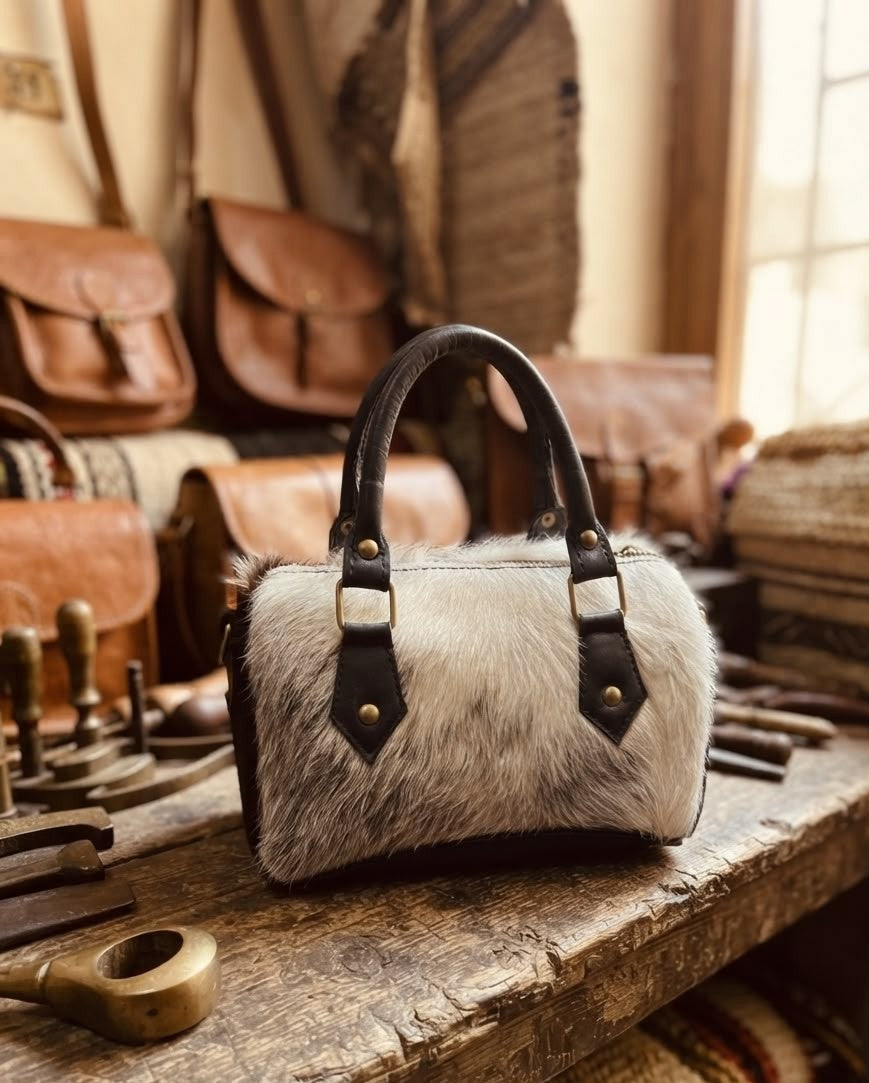 Handcrafted Cowhide & Leather Mini Boston Bag – Black & White