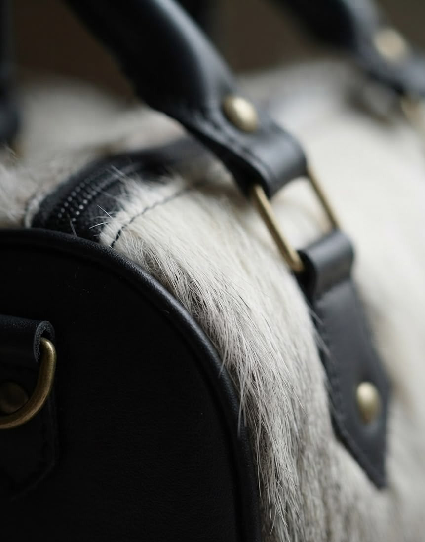 Handcrafted Cowhide & Leather Mini Boston Bag – Black & White
