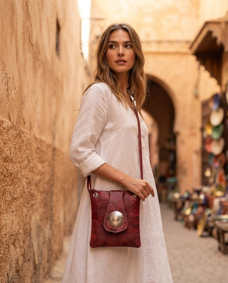 Handcrafted Moroccan Leather Crossbody Bag – Vintage Red Artisan Purse