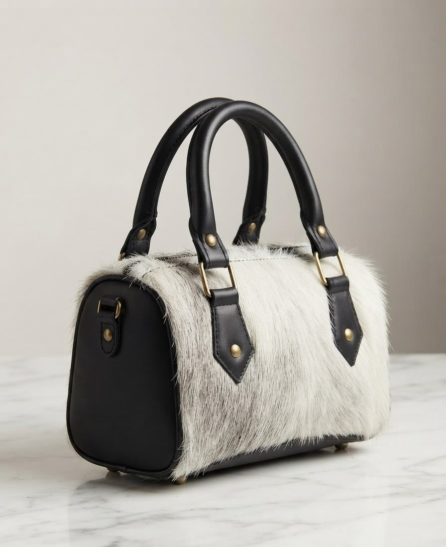 Handcrafted Cowhide & Leather Mini Boston Bag – Black & White