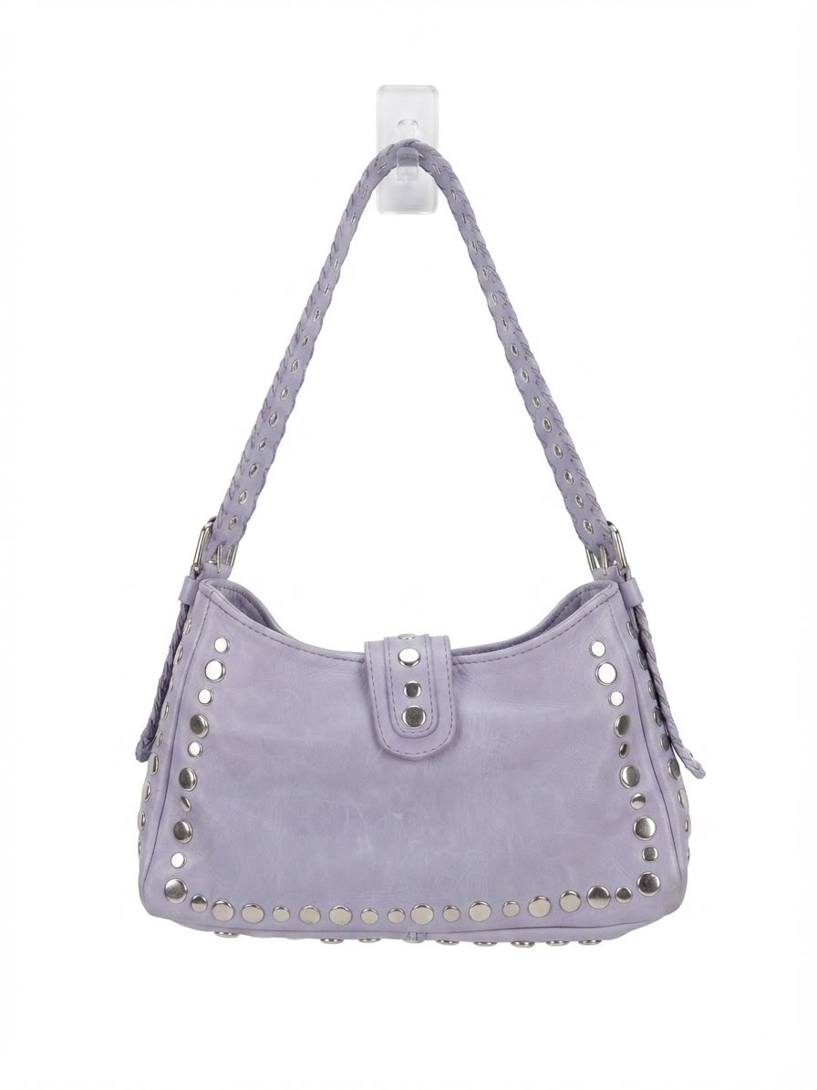 Handmade Studded Lilac Leather Shoulder Bag