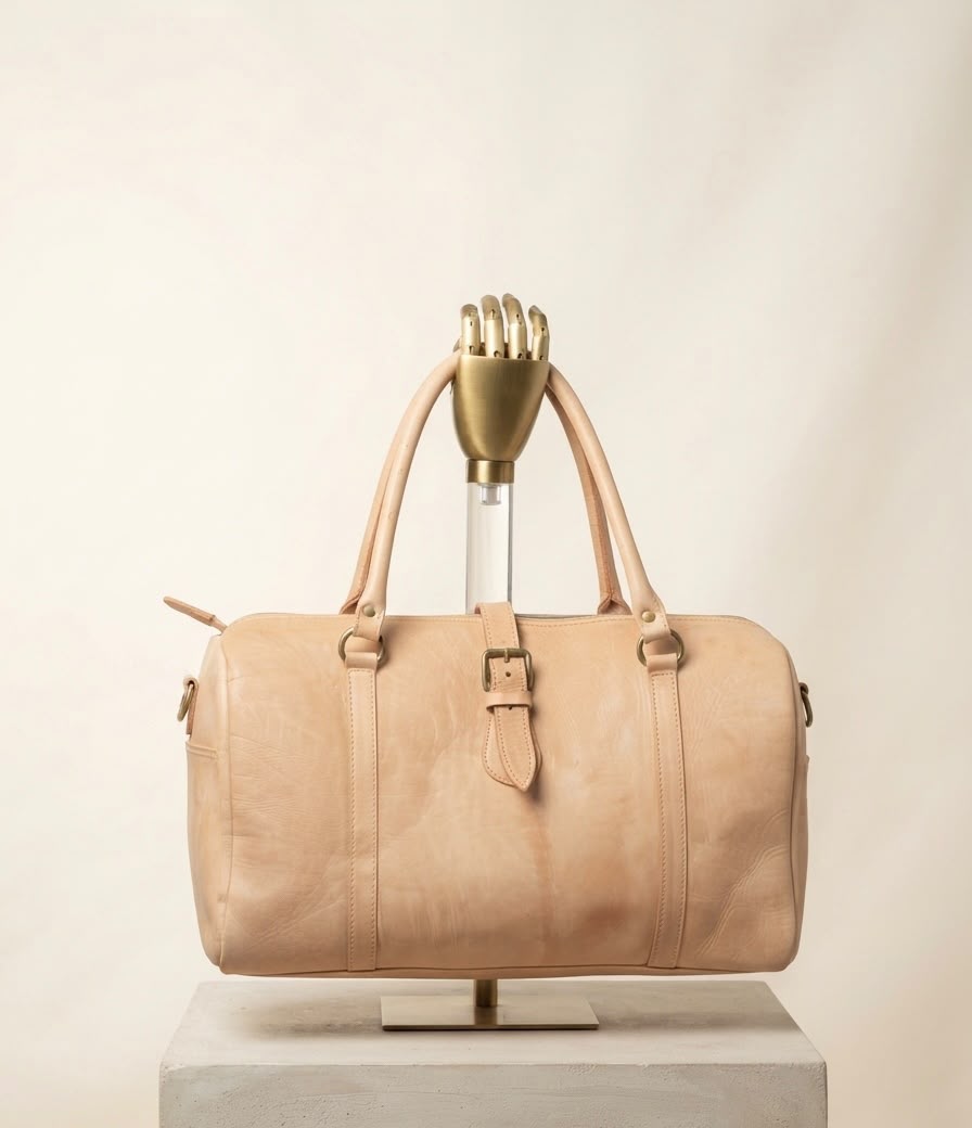 Sac de Voyage Artisanal en Cuir Véritable Sani Leather - Beige Naturel & Gris Vintage