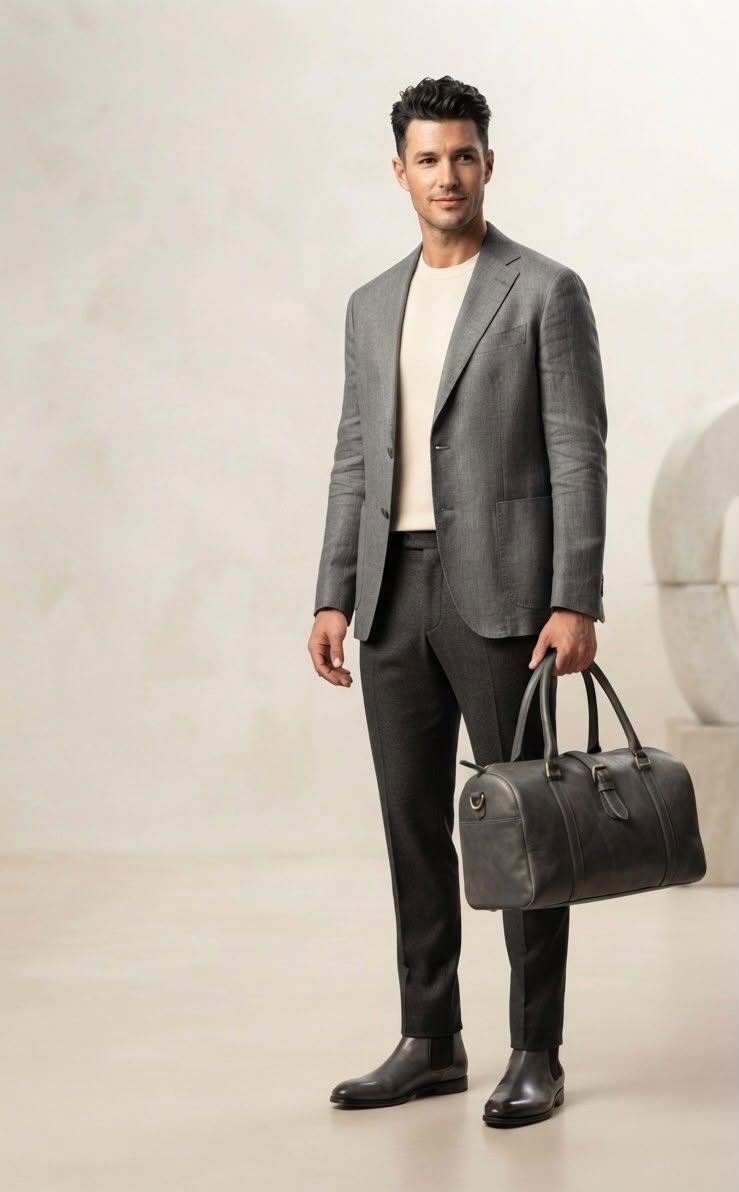 Sac de Voyage Artisanal en Cuir Véritable Sani Leather - Beige Naturel & Gris Vintage
