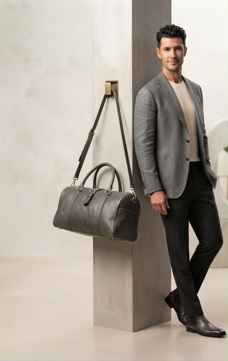 Sac de Voyage Artisanal en Cuir Véritable Sani Leather - Beige Naturel & Gris Vintage