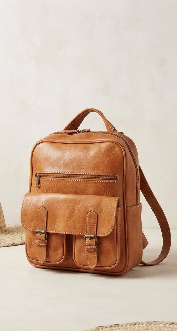 Sani Leather - Handmade Genuine Leather Backpack with Front Pockets & Top Handle