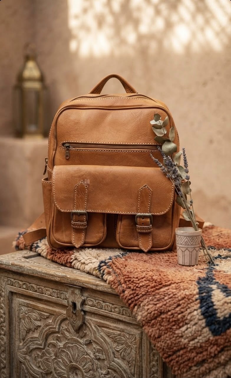 Sani Leather - Handmade Genuine Leather Backpack with Front Pockets & Top Handle
