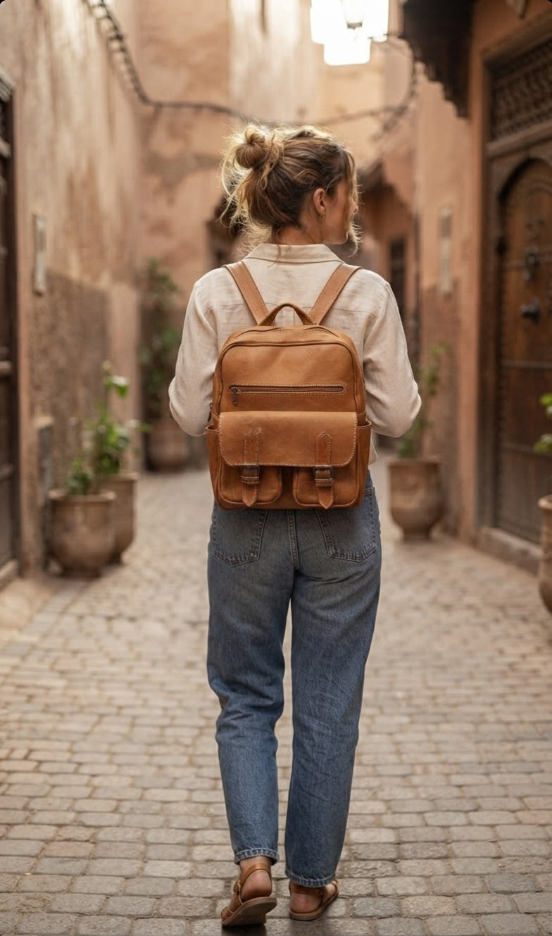 Sani Leather - Handmade Genuine Leather Backpack with Front Pockets & Top Handle