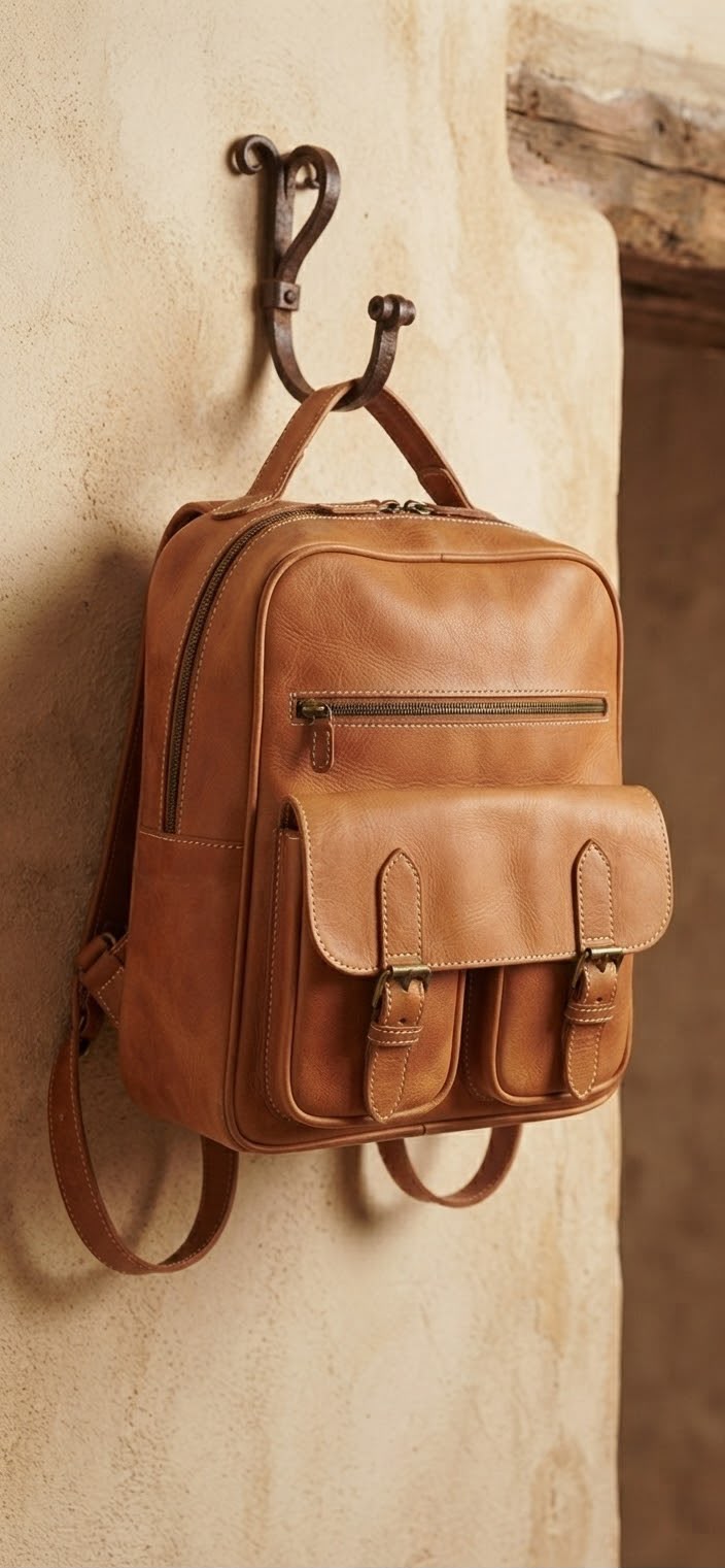 Sani Leather - Handmade Genuine Leather Backpack with Front Pockets & Top Handle