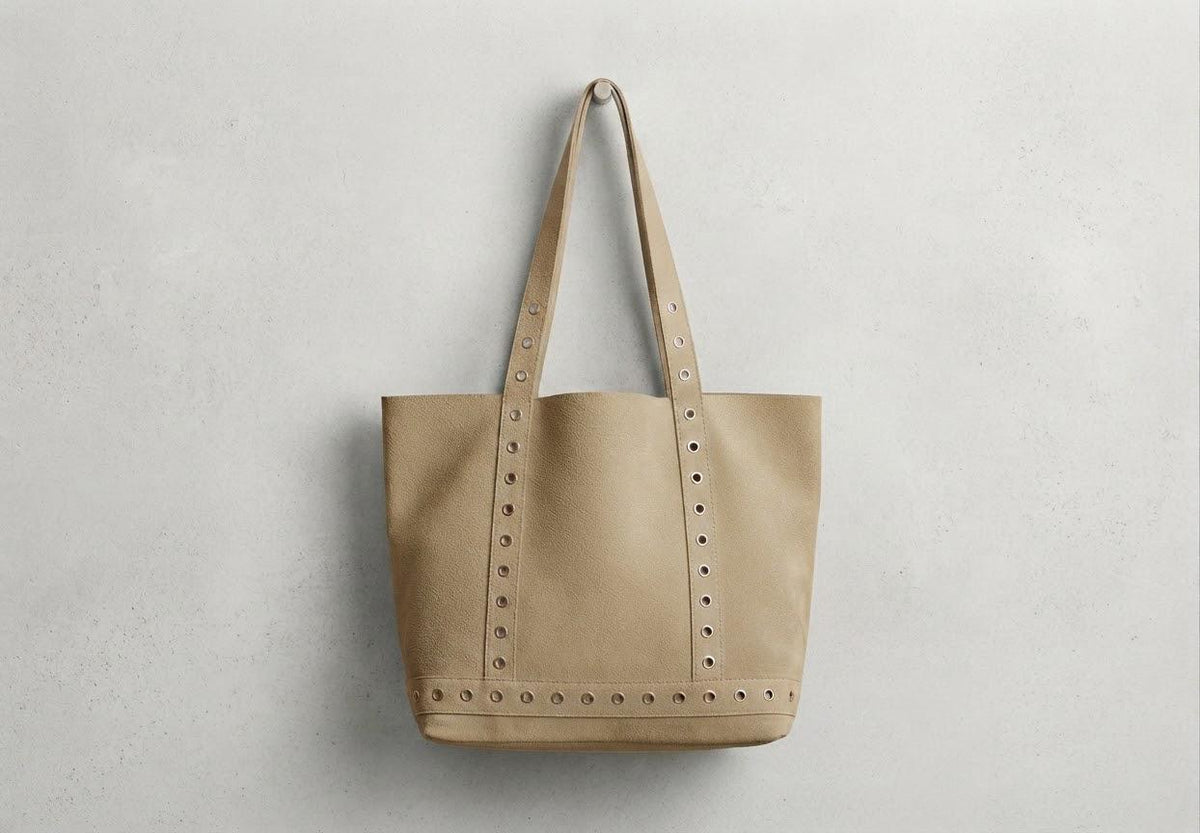 Sleek Leather Tote Bag with Metal Eyelet Details - Authentic Craftsmanship