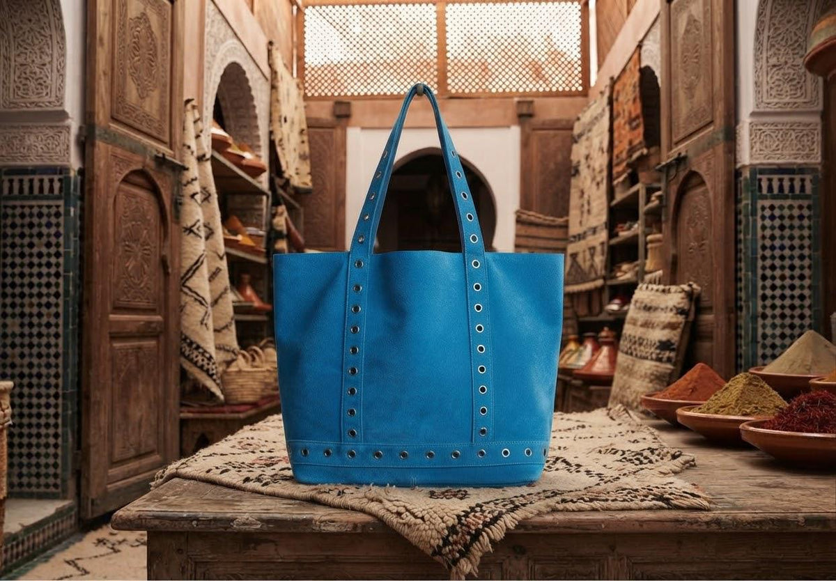 Sleek Leather Tote Bag with Metal Eyelet Details - Authentic Craftsmanship