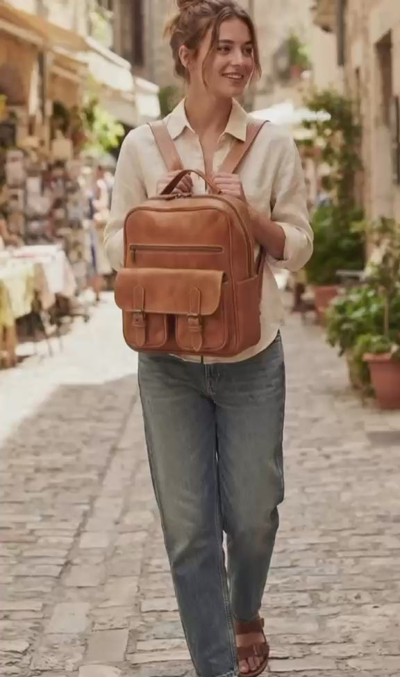 Sani Leather - Handmade Genuine Leather Backpack with Front Pockets & Top Handle